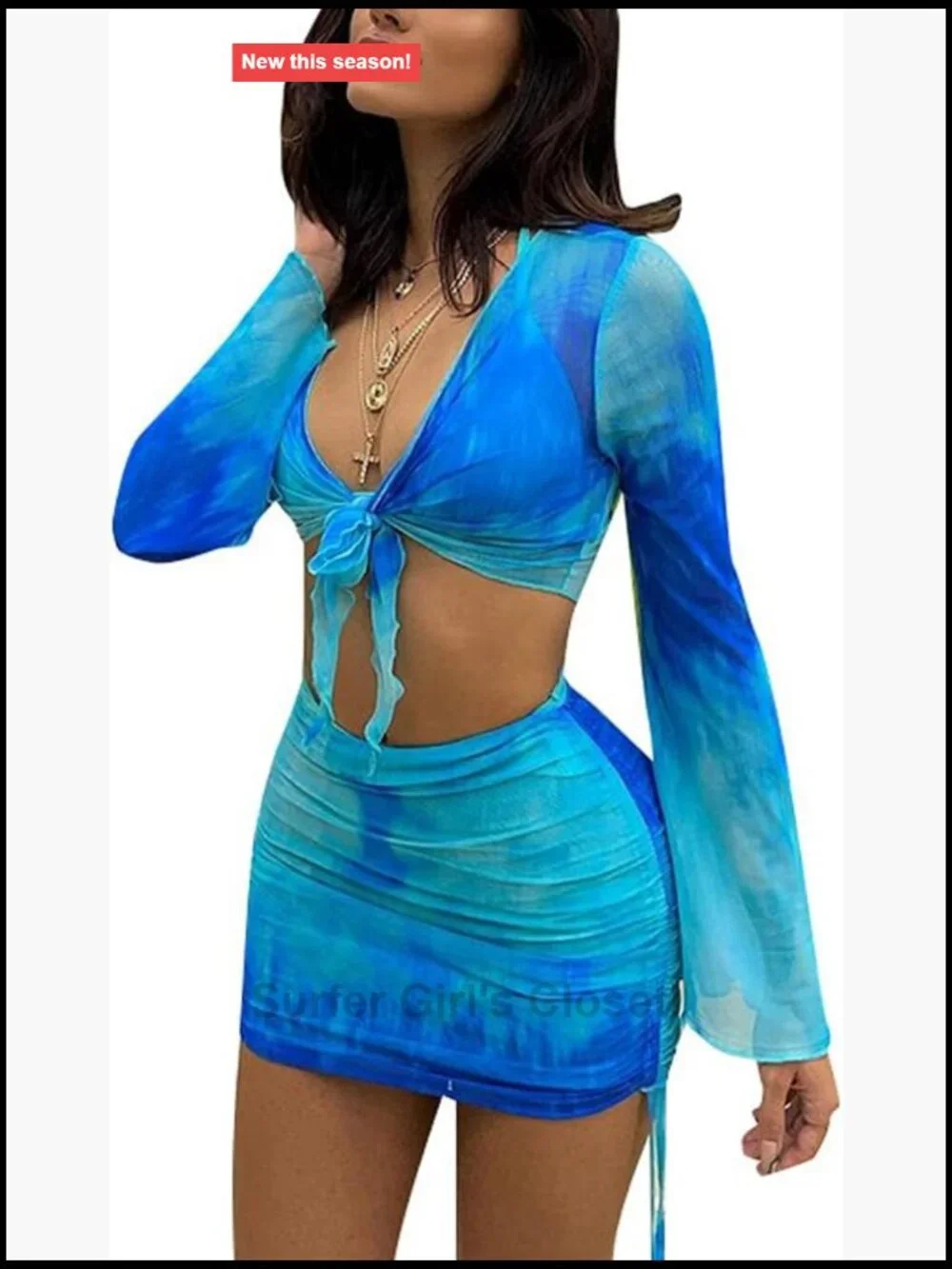 Sheer Mesh 2 Piece Set Long Sleeve Crop Top Bodycon Mini Skirt Clubwear